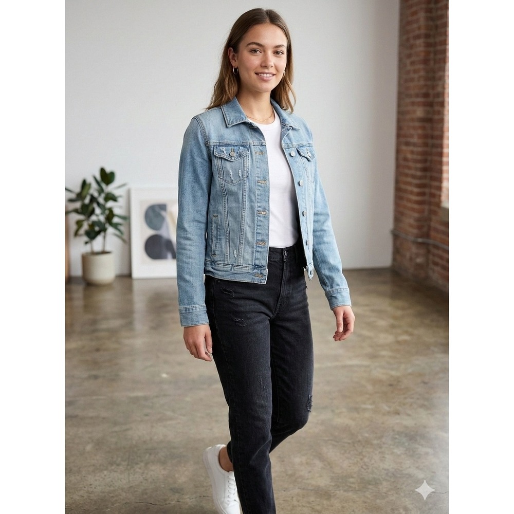 Gap Womens Medium Light Wash Denim Trucker Jacket‎ Distressed Blue Jean Coat